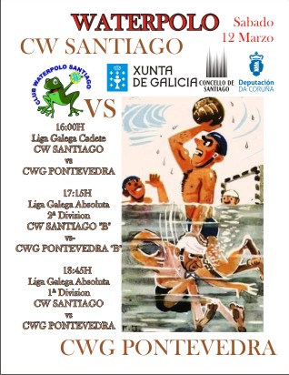 16h Liga Galega cadete – CW SANTIAGO – CWG PONTEVEDRA 17.15h Liga Galega Absoluta 2ª Division CW SANTIAGO “B” – CWG PONTEVEDRA “B” 18.45h Liga Galega Absoluta 1ª Division CW SANTIAGO – CWG PONTEVEDRA