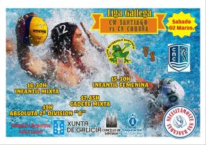 Liga Gallega Infantil FEMENINA 15.30h CW SANTIAGO - CN CORUÑA Liga Gallega Infantil MIXTA 16.30H CW SANTIAGO - CN CORUÑA Liga Gallega Cadete MIXTA 17.45H CW SANTIAGO - CN CORUÑA Liga Gallega ABSOLUTA 2ª Division 19h CW SANTIAGO "B" - CN CORUÑA "B"